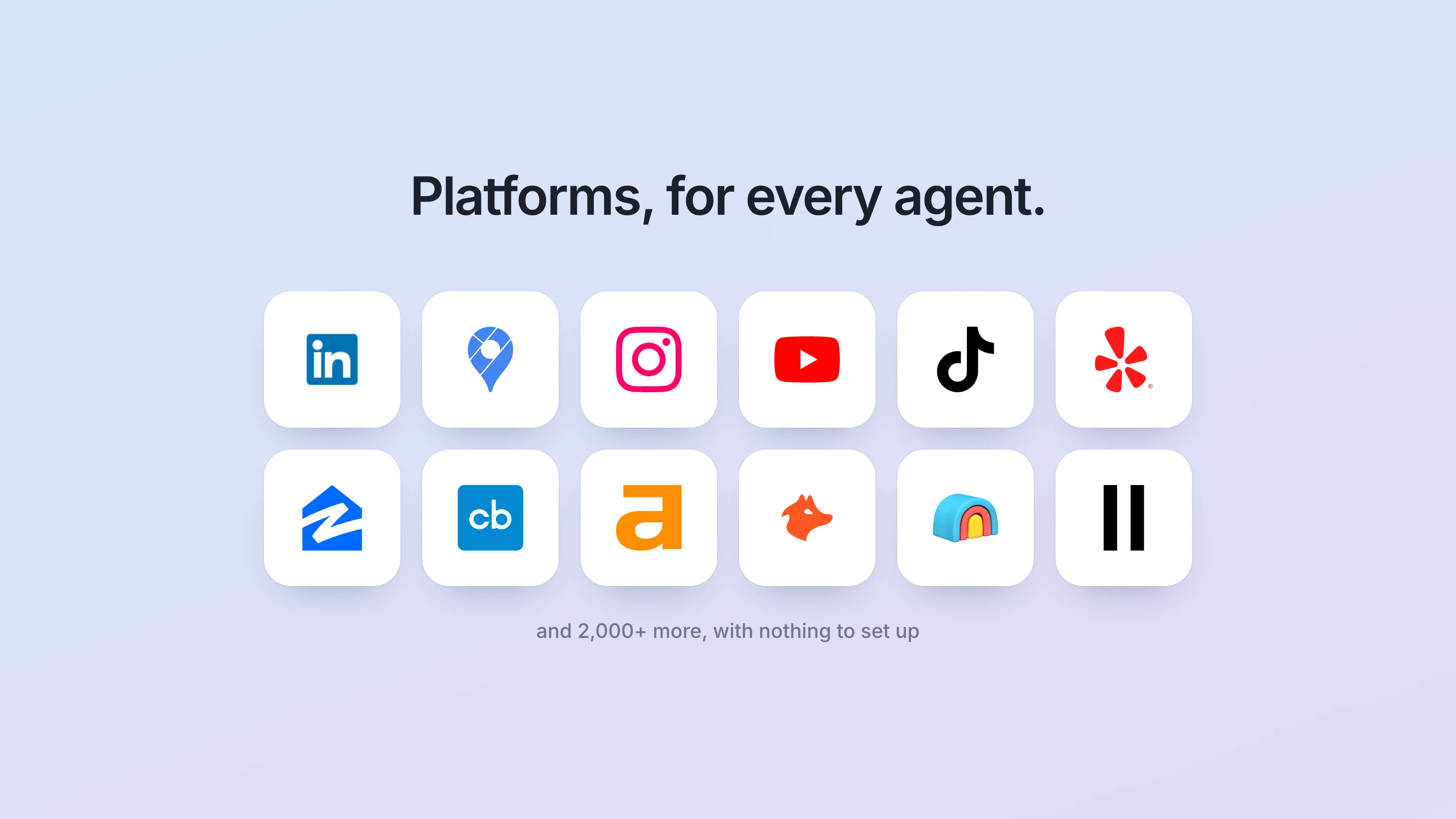 Platform icons including LinkedIn, Google Maps, Instagram, YouTube, TikTok, Yelp and Zillow under the headline Platforms, for every agent, and 2,000+ more, with nothing to set up.