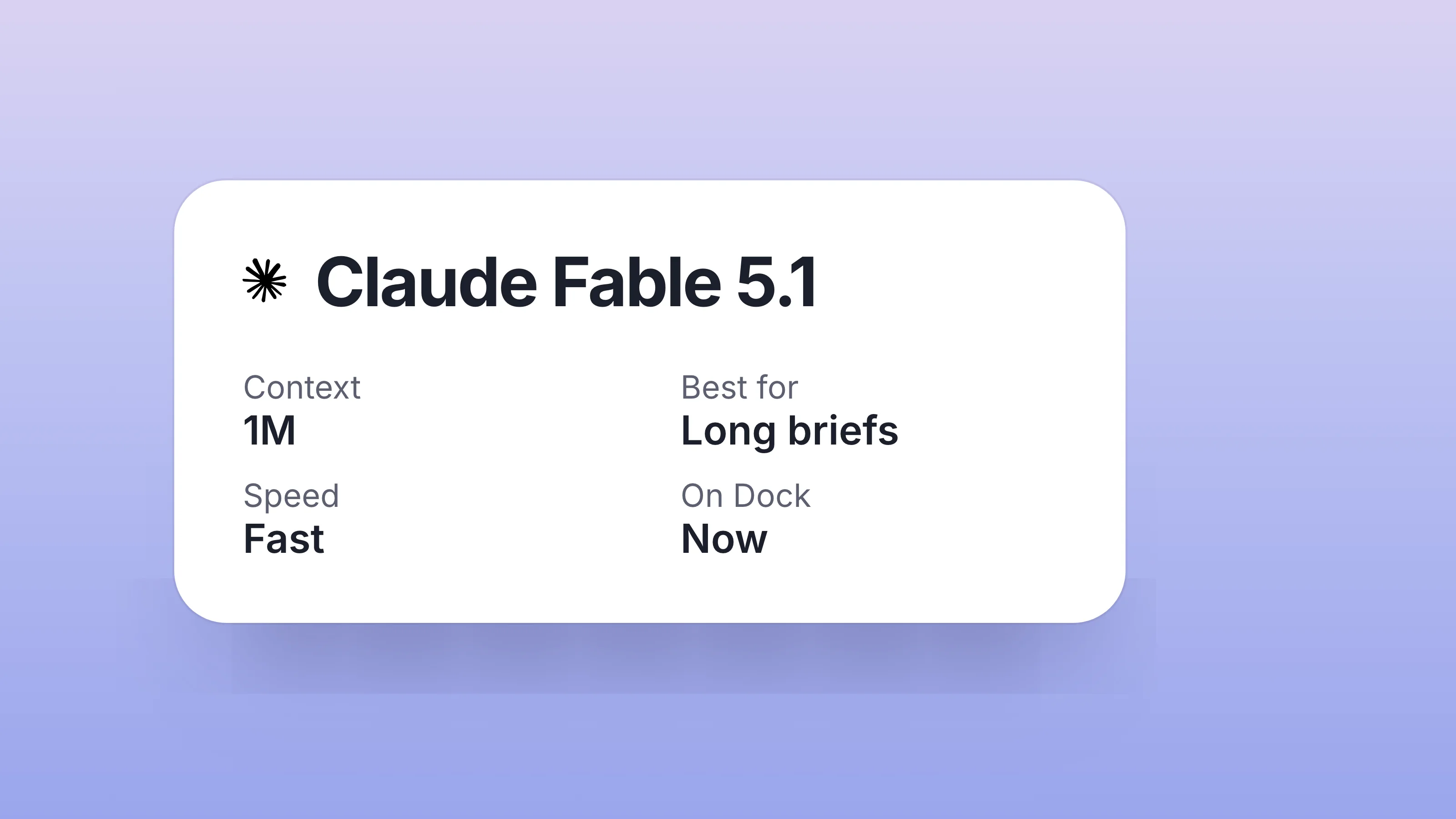 A white spec card for Claude Fable 5.1 with the Claude spark: 1M context, best for long briefs, fast, on Dock now, on a soft lavender gradient.