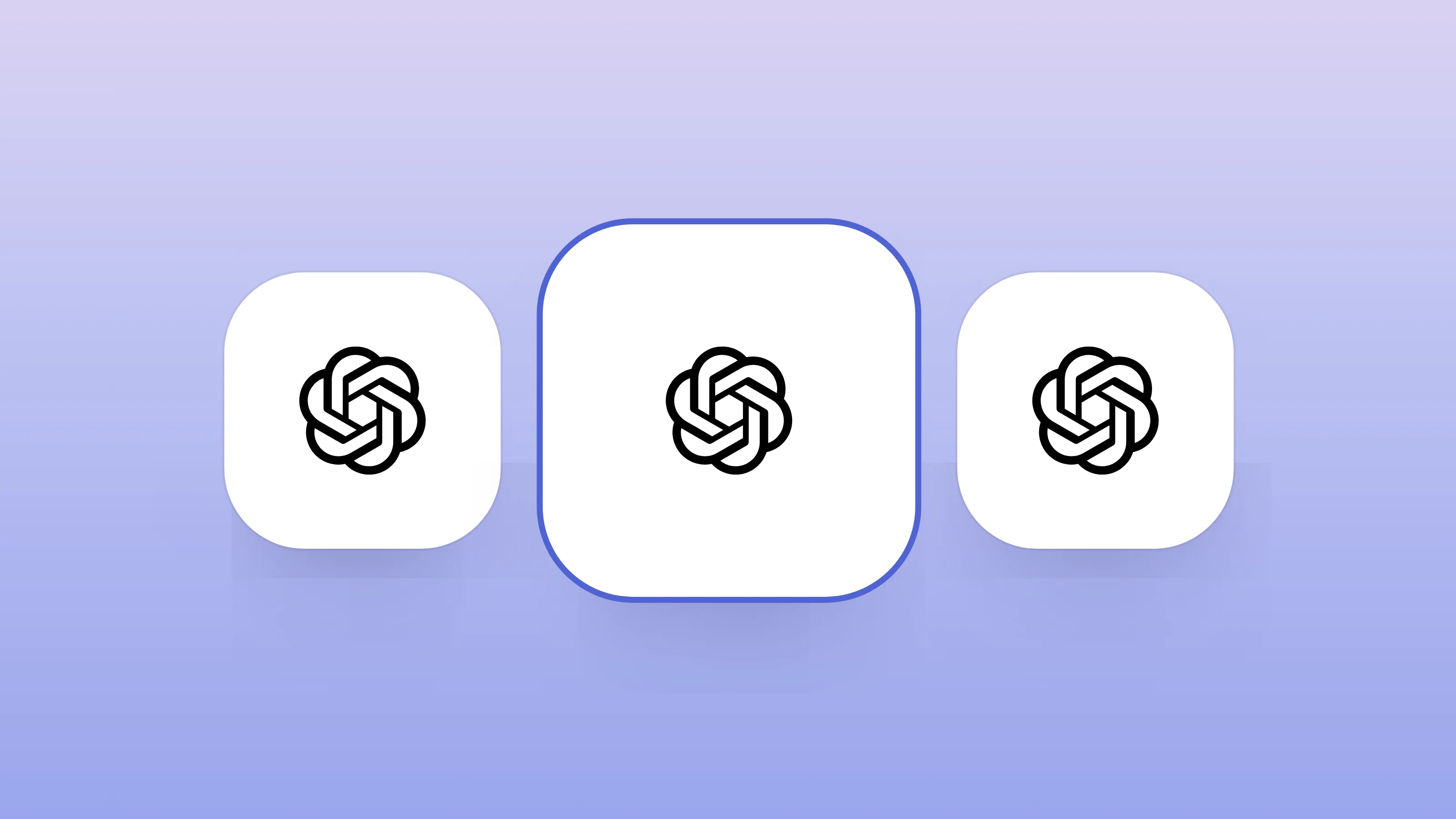 Three OpenAI model tiles for Terra, Sol and Luna, the middle one selected, on a soft lavender gradient.