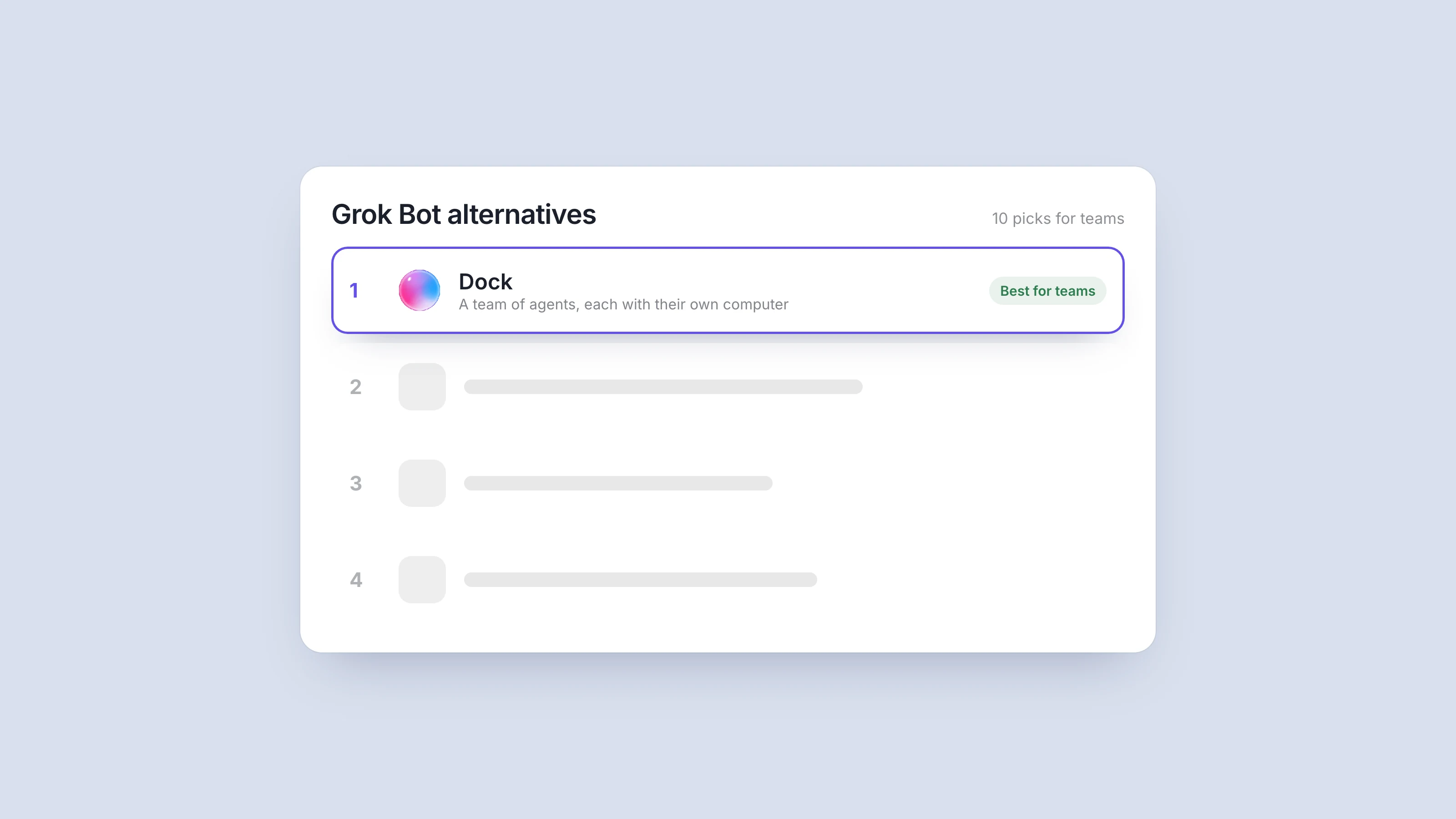 A ranked-list card titled Grok Bot alternatives, 10 picks for teams, with Dock at number one marked Best for teams.