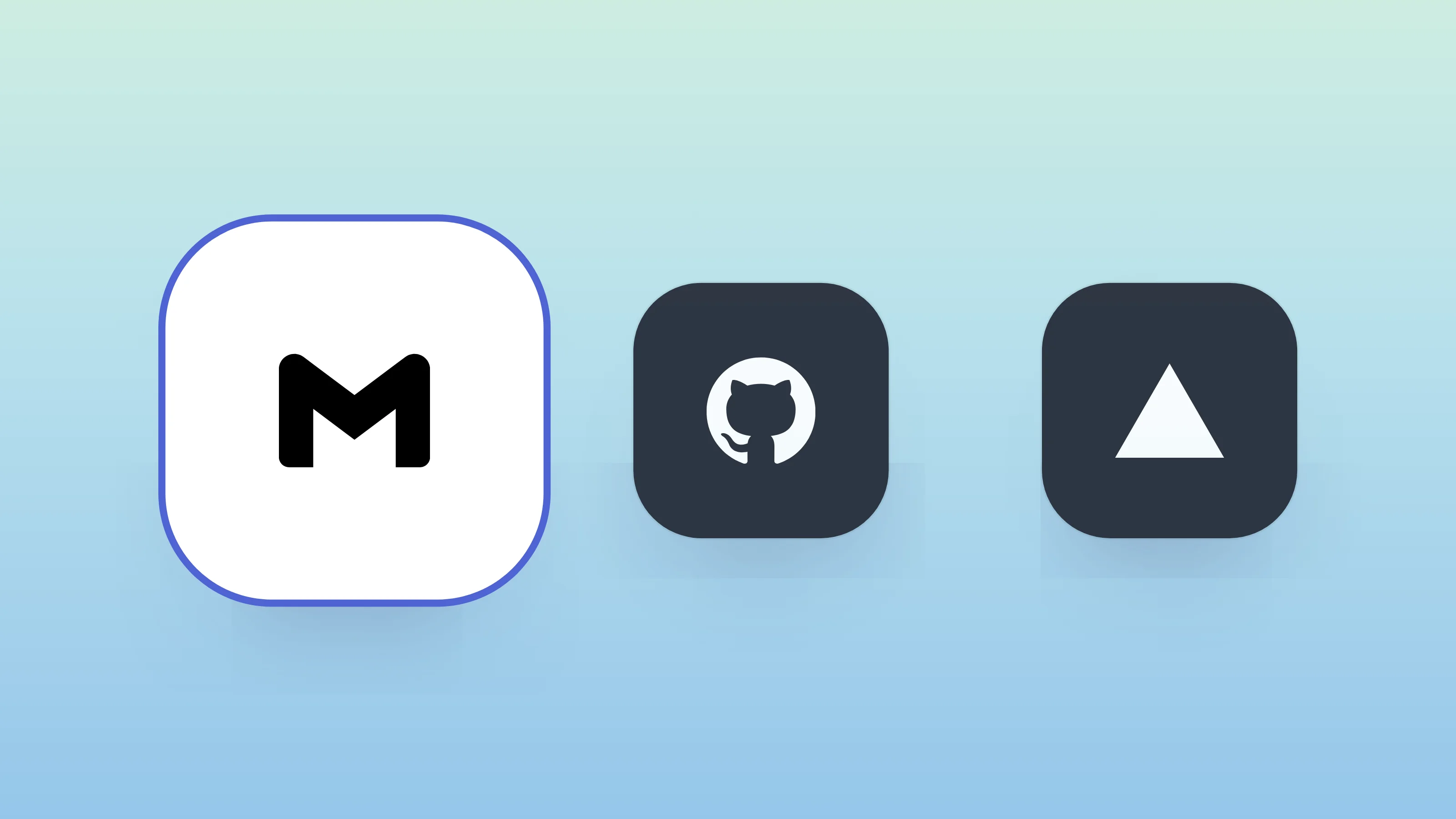Connector tiles for Gmail, GitHub and Vercel, on a soft mint gradient.