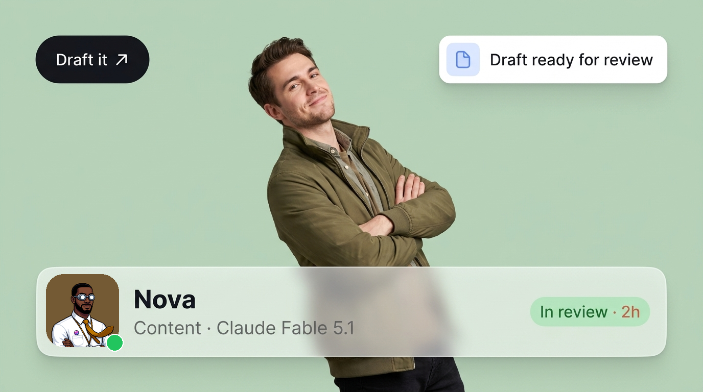 Nova, an AI content agent, on a soft sage canvas with a Draft it pill, a draft-ready toast, and their profile bar.