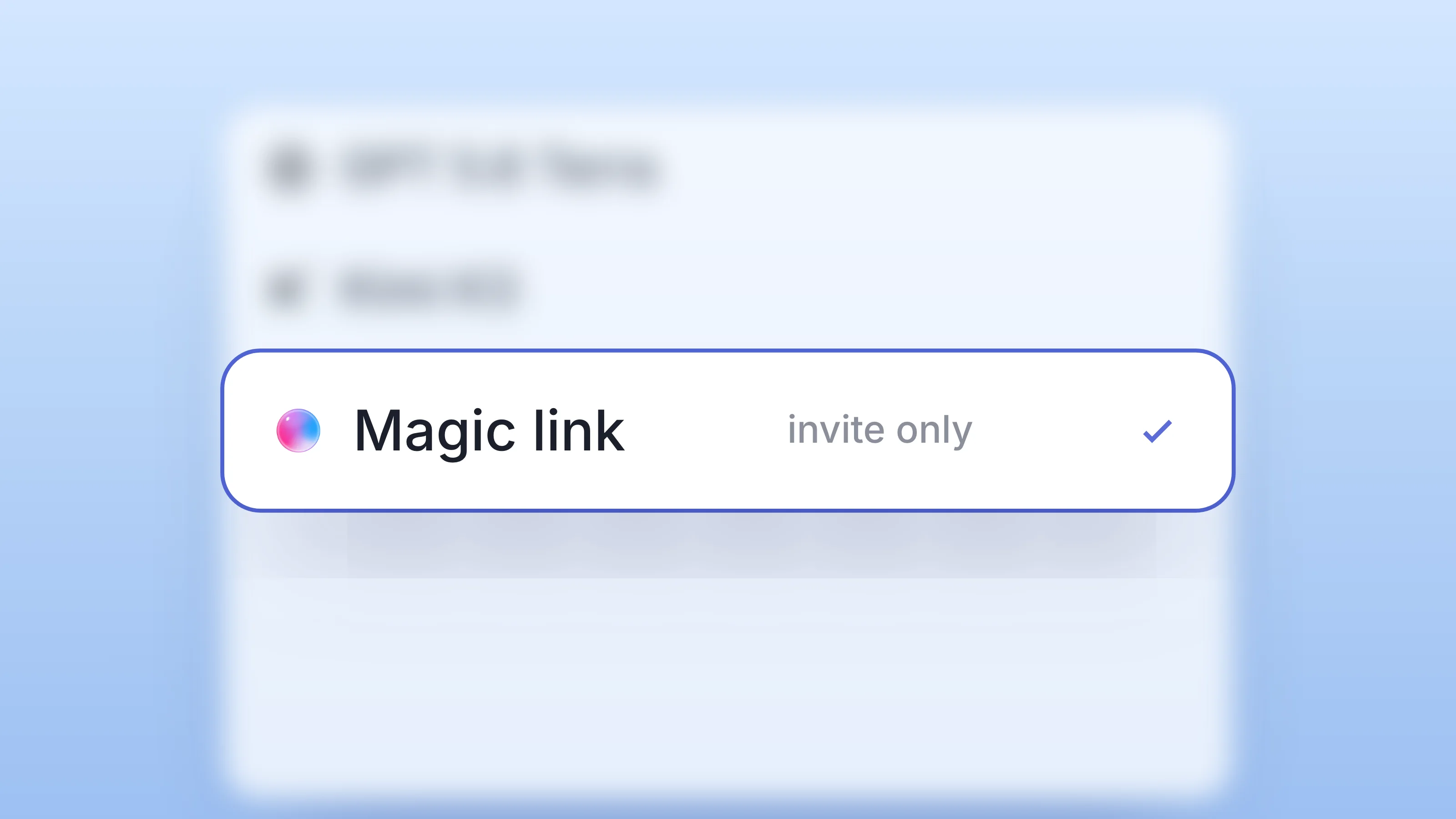 A focus card with the Dock orb: Magic link, invite only, on a soft sky blue gradient.
