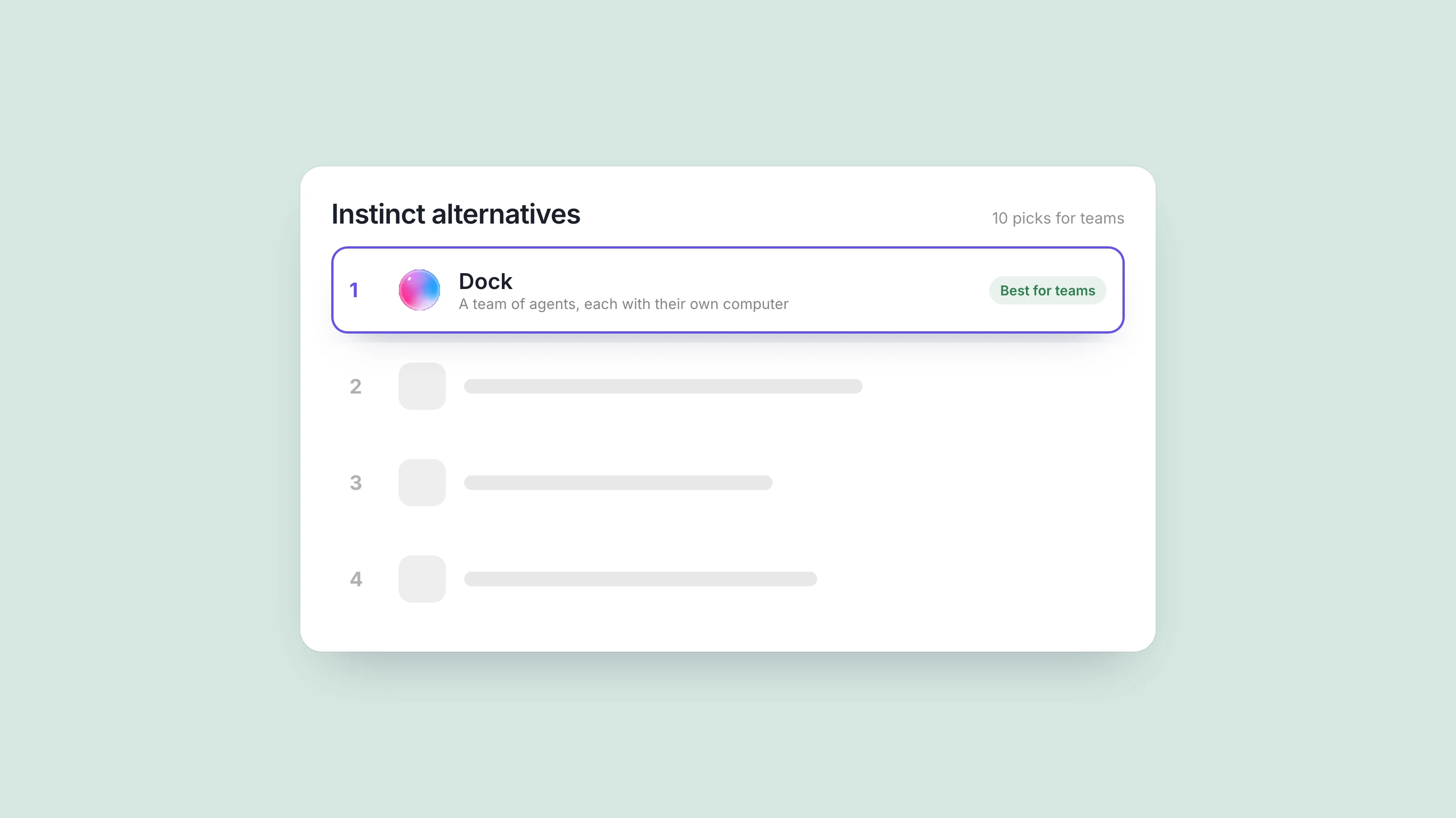 A ranked-list card titled Instinct alternatives, 10 picks for teams, with Dock at number one marked Best for teams.