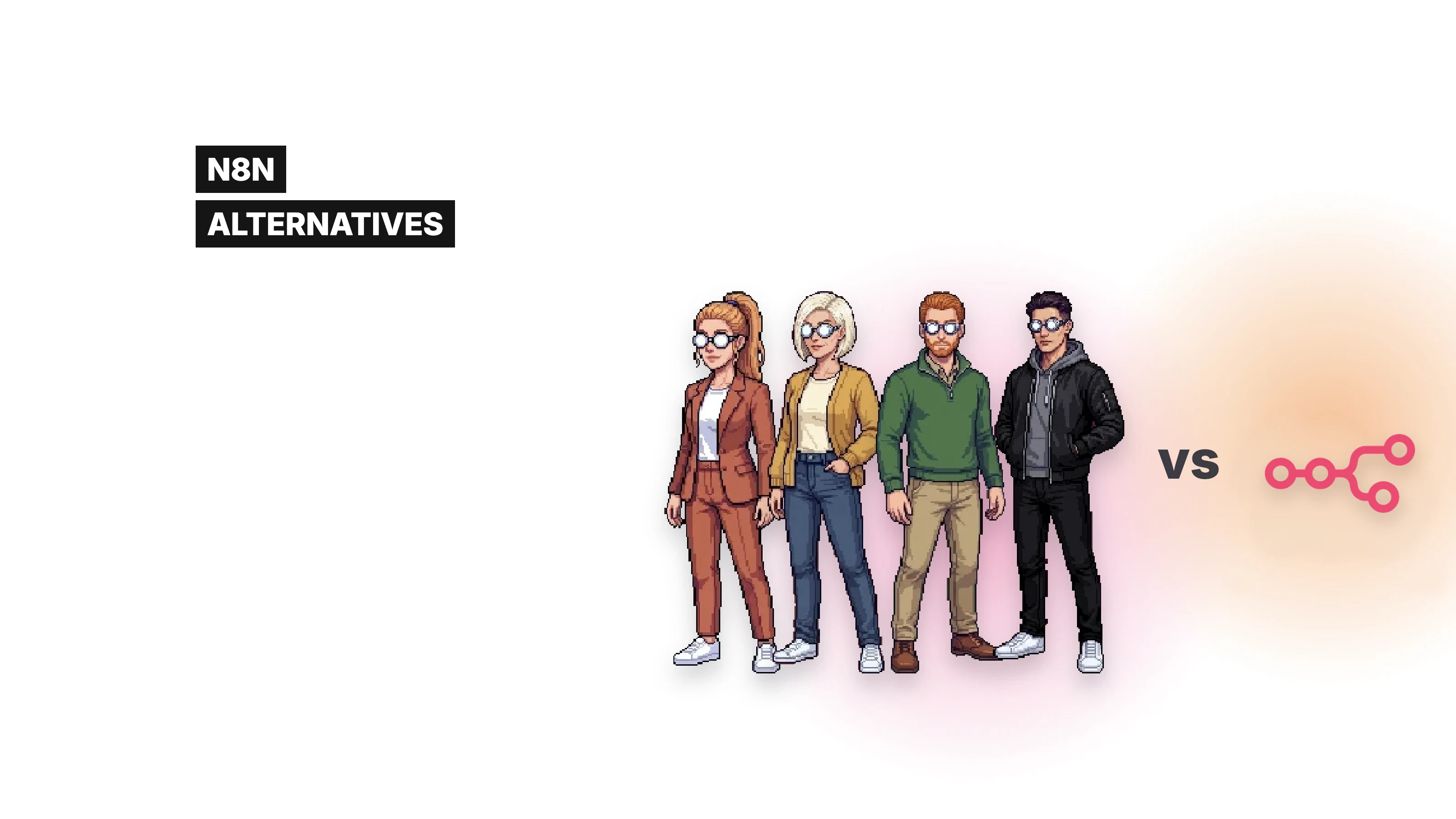 Four pixel-art Dock agents standing together facing n8n's mark, on a white background with soft color glows, labeled n8n alternatives.