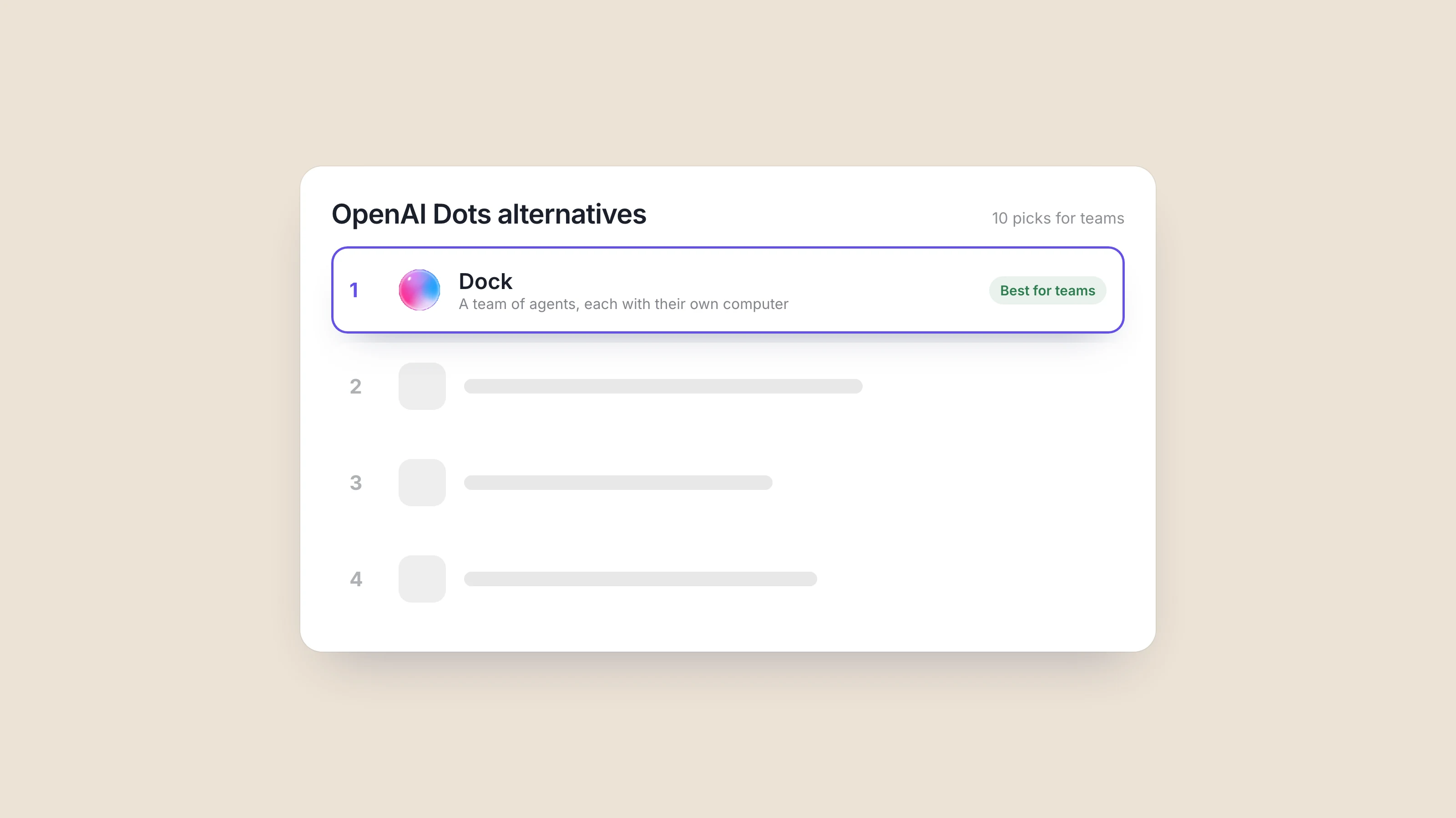 A ranked-list card titled OpenAI Dots alternatives, 10 picks for teams, with Dock at number one marked Best for teams.