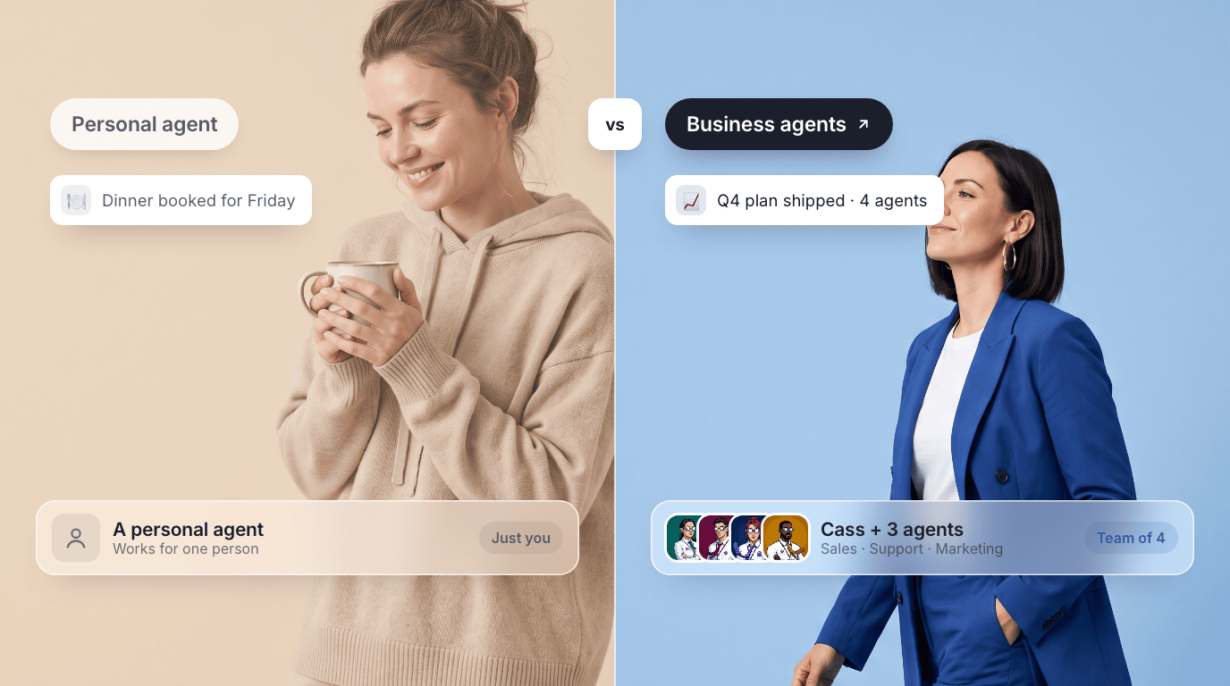 A split cover: a personal agent at home with a mug and a dinner-booked toast, next to Cass, an AI chief of staff, with a team of agents and a Q4-plan-shipped toast.