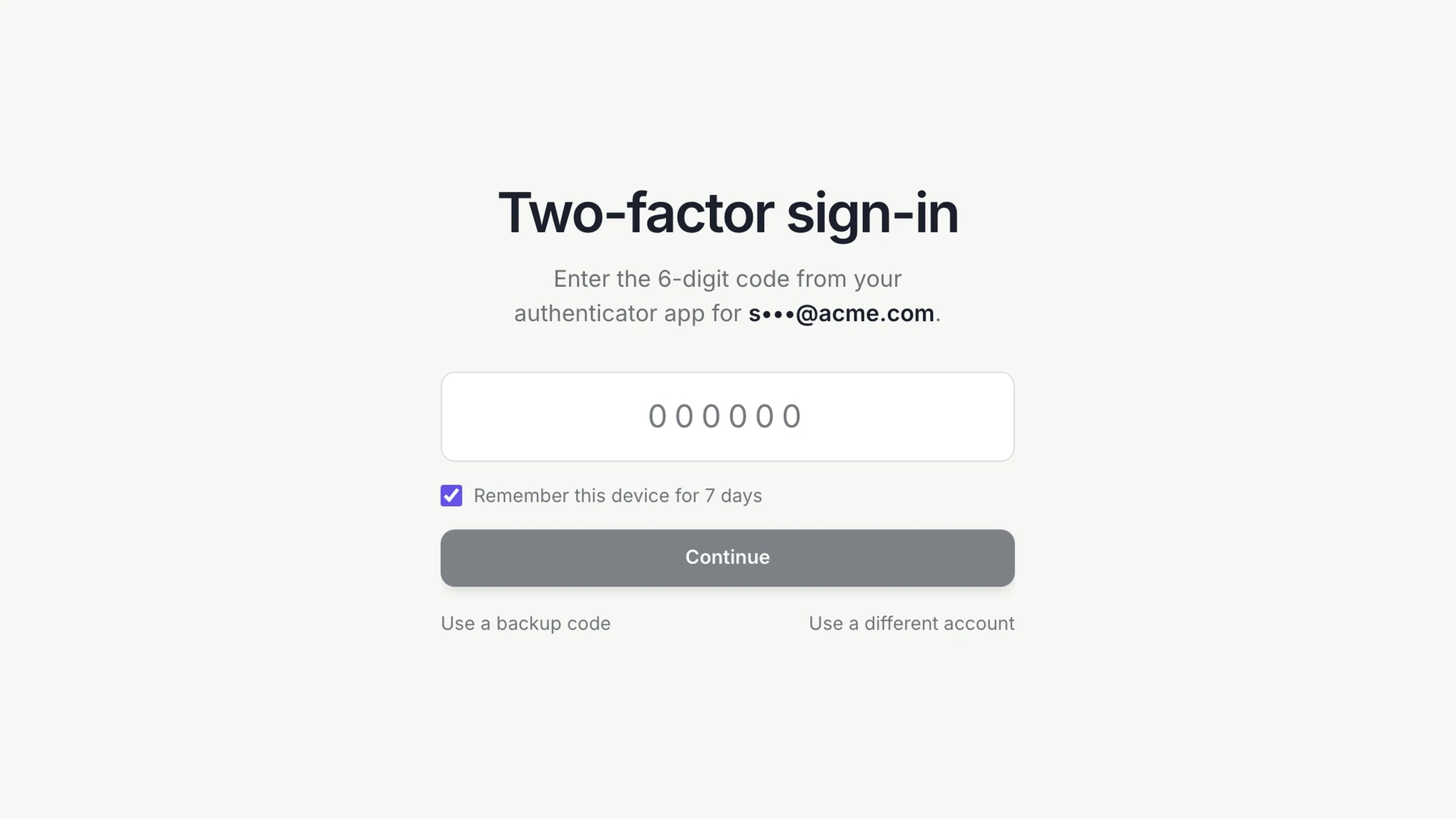 Dock's two-factor sign-in screen asking for the 6-digit code from an authenticator app, with Remember this device for 7 days checked.