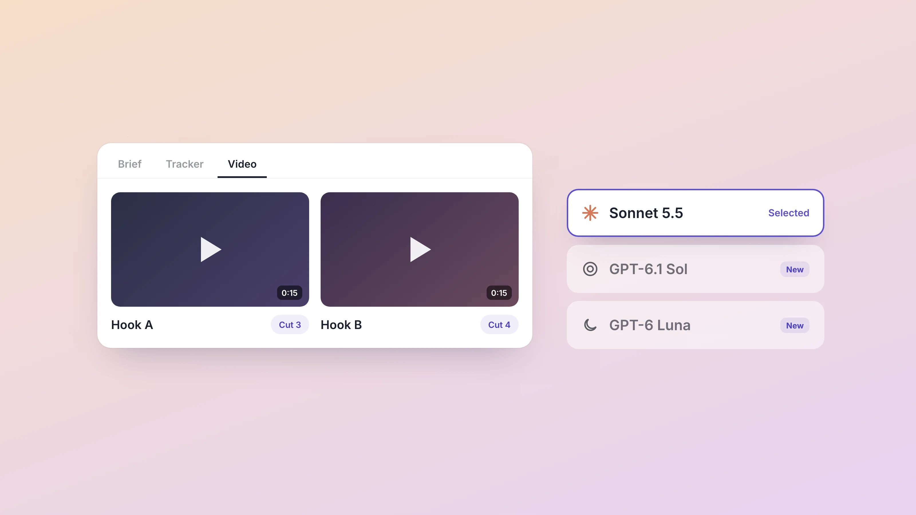 A workspace Video tab with two 15 second cuts labelled Hook A and Hook B, next to a model picker with Sonnet 5.5 selected and GPT-6.1 Sol and GPT-6 Luna marked new.