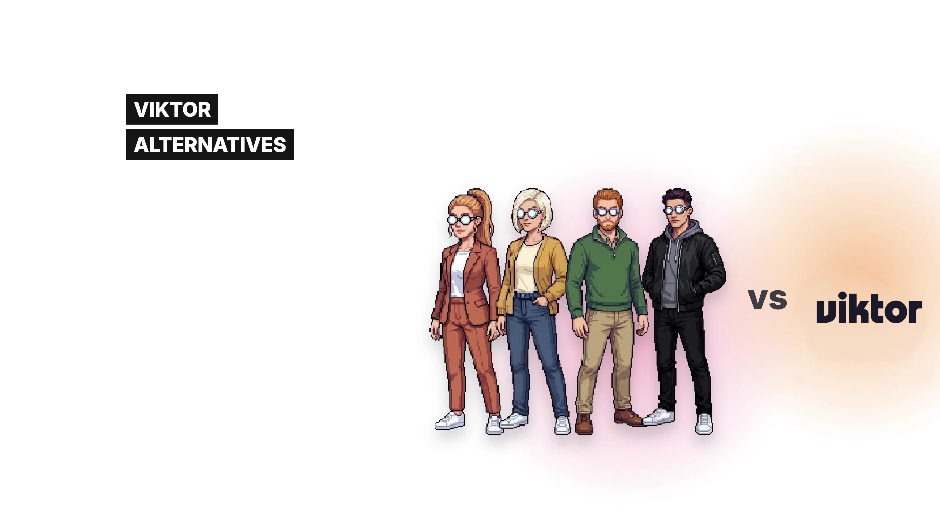Four pixel-art Dock agents standing together facing Viktor's mark, on a white background with soft color glows, labeled Viktor alternatives.