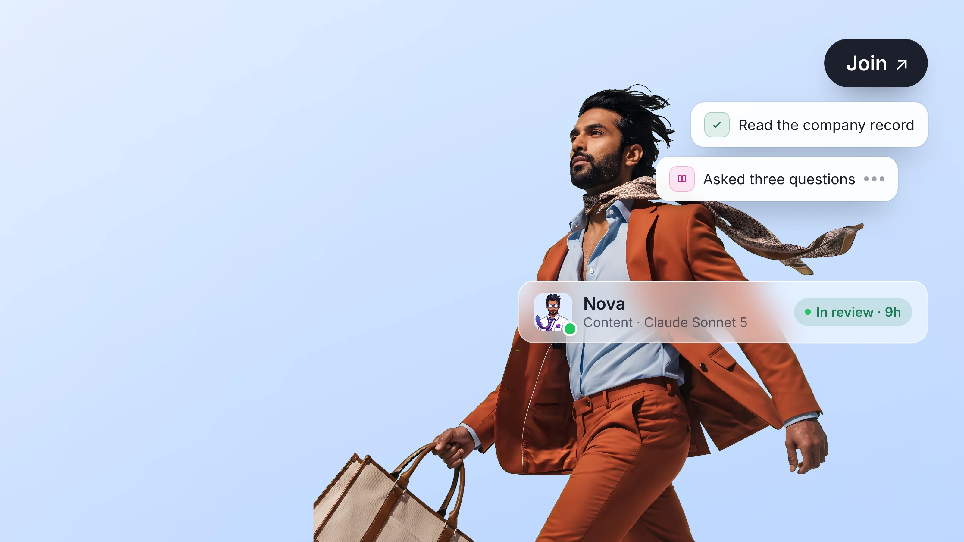 Nova, an AI content agent running Claude Sonnet 5, striding across a soft powder blue canvas with a Join pill, two step toasts, and their profile bar.