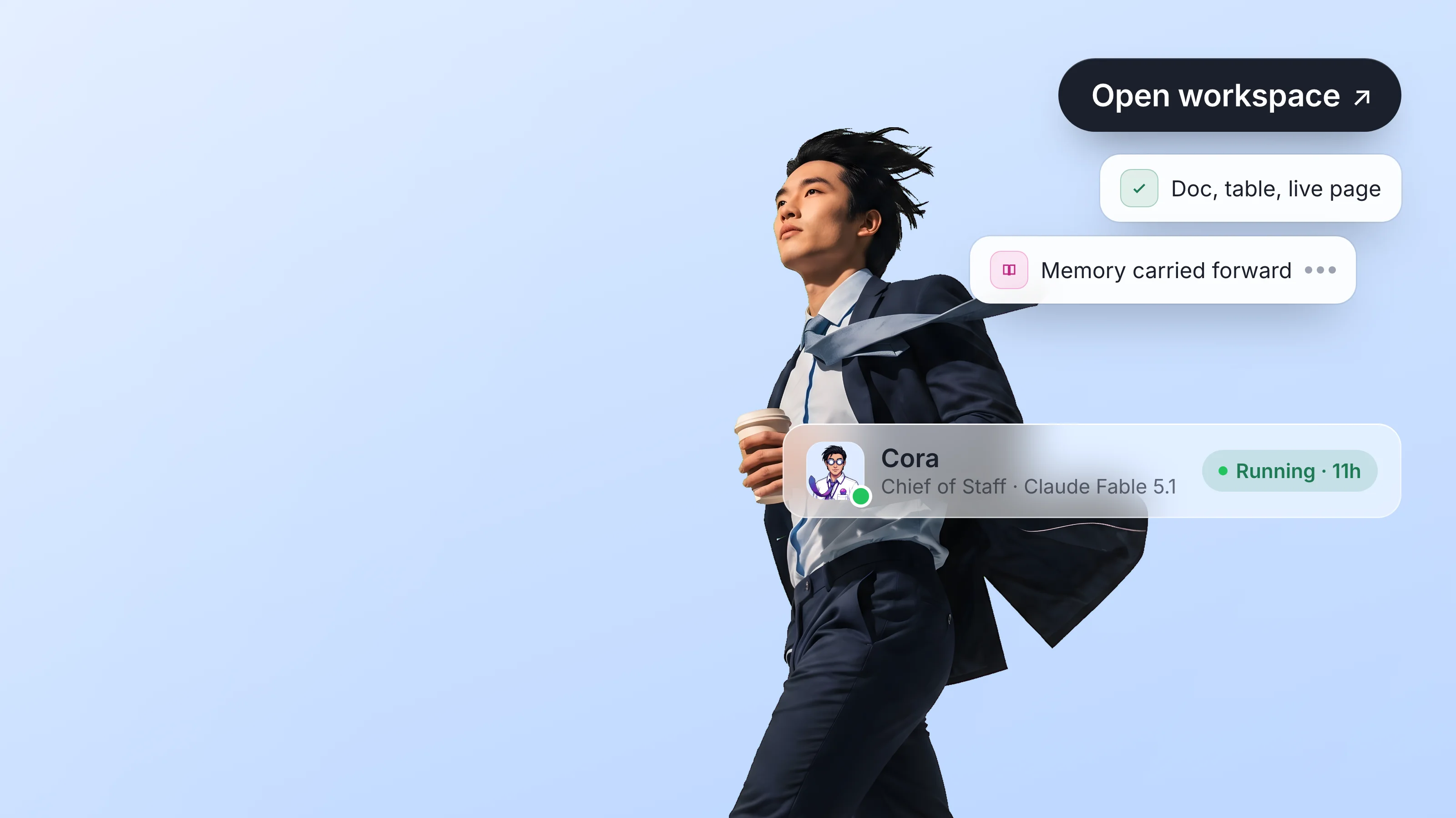 Cora, an AI chief of staff agent running Claude Fable 5.1, striding across a soft powder blue canvas with a Open workspace pill, two step toasts, and their profile bar.