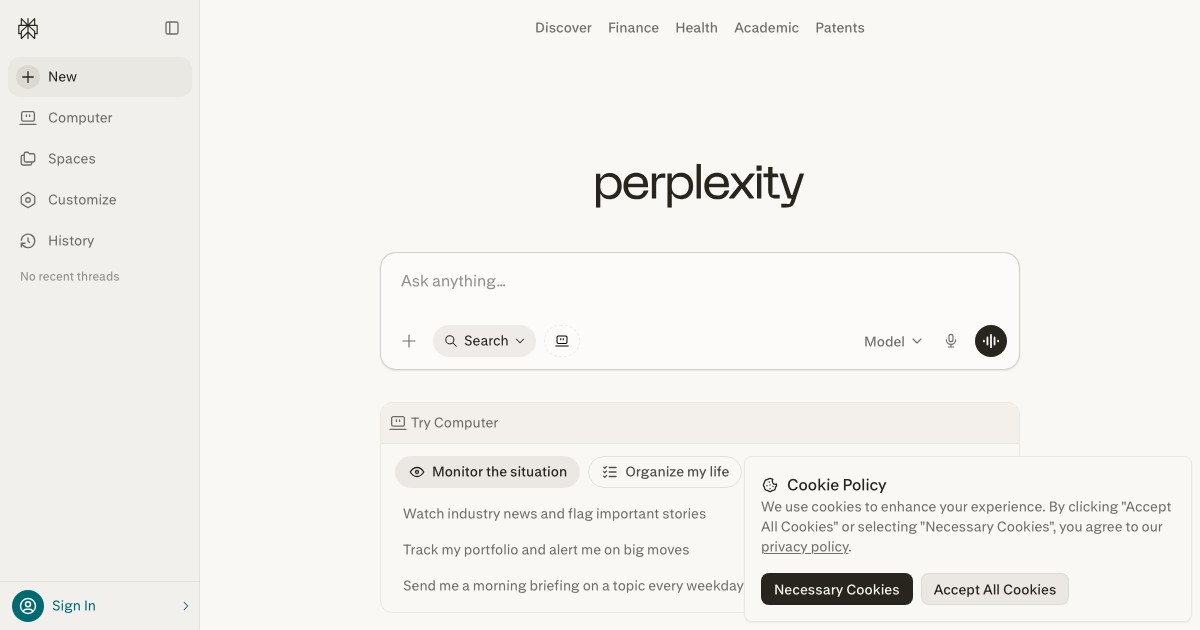 Perplexity Space with shared research threads and citations