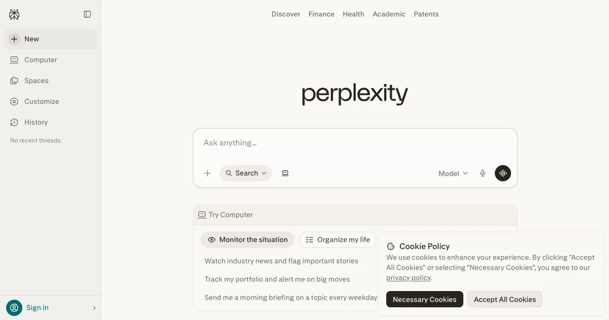 Perplexity Space with shared research threads and citations