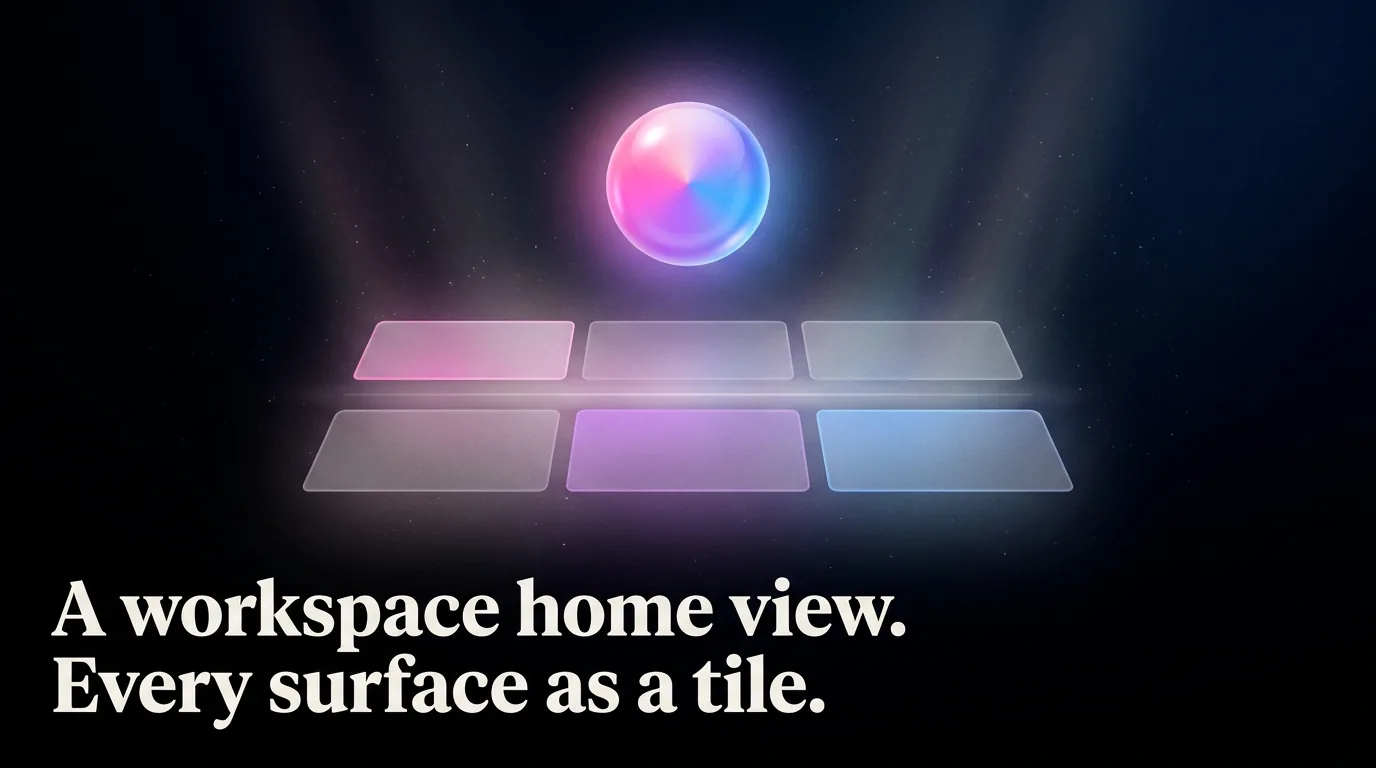 A workspace home view. Every surface as a tile.