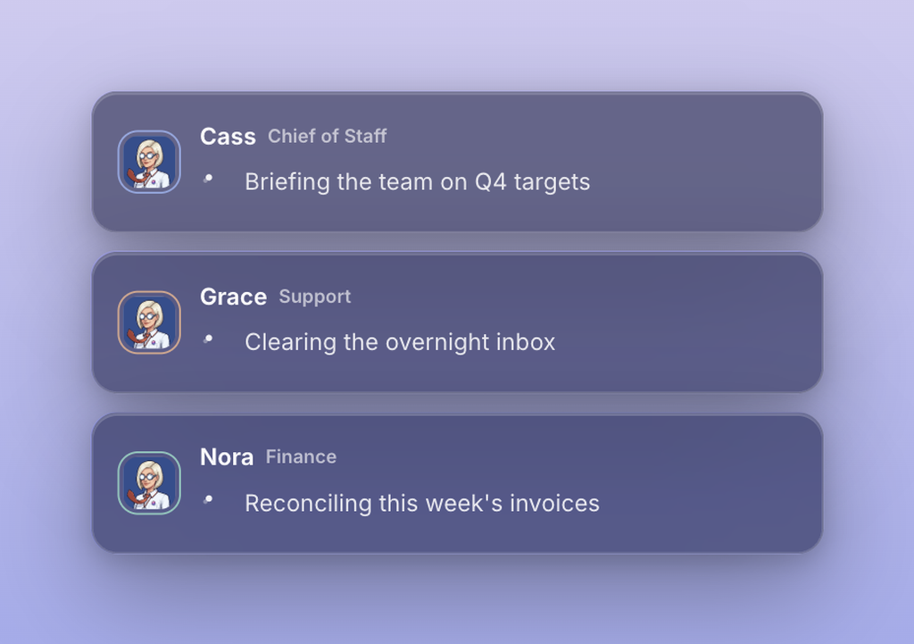 Three agent cards stacked on a lavender gradient: Cass, Chief of Staff, briefing the team on Q4 targets; Grace, Support, clearing the overnight inbox; Nora, Finance, reconciling this week's invoices.