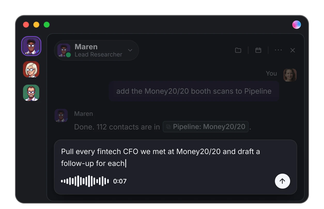 The Dock Mac app chat with Maren, where a spoken request appears in the message box while the recording bar shows a live dot, waveform and timer.