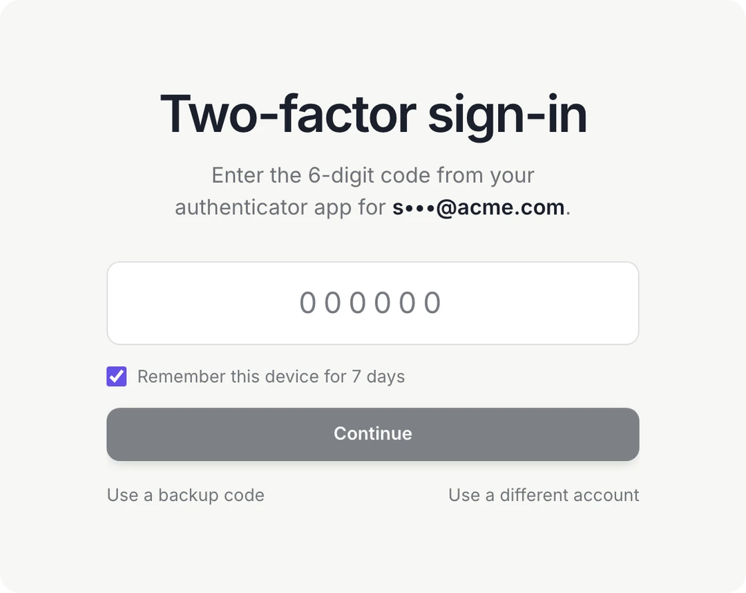 Dock's two-factor sign-in screen asking for the 6-digit code from an authenticator app, with Remember this device for 7 days ticked.