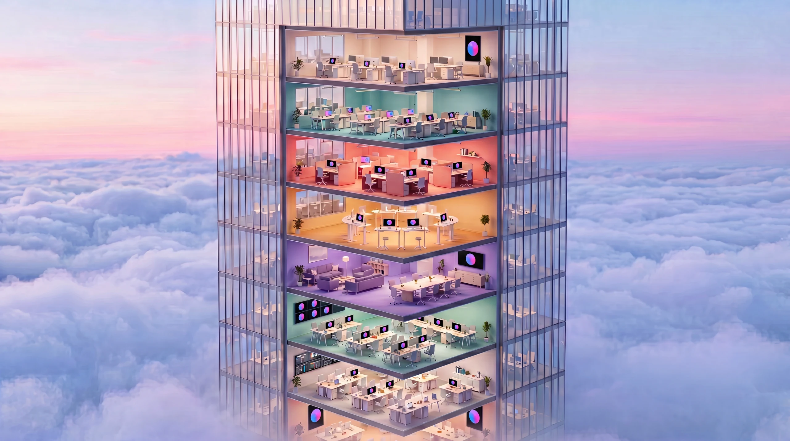 A cutaway view of a glass tower in the clouds revealing floors of colorful offices, desks and screens carrying the Dock logo: an agent company at work