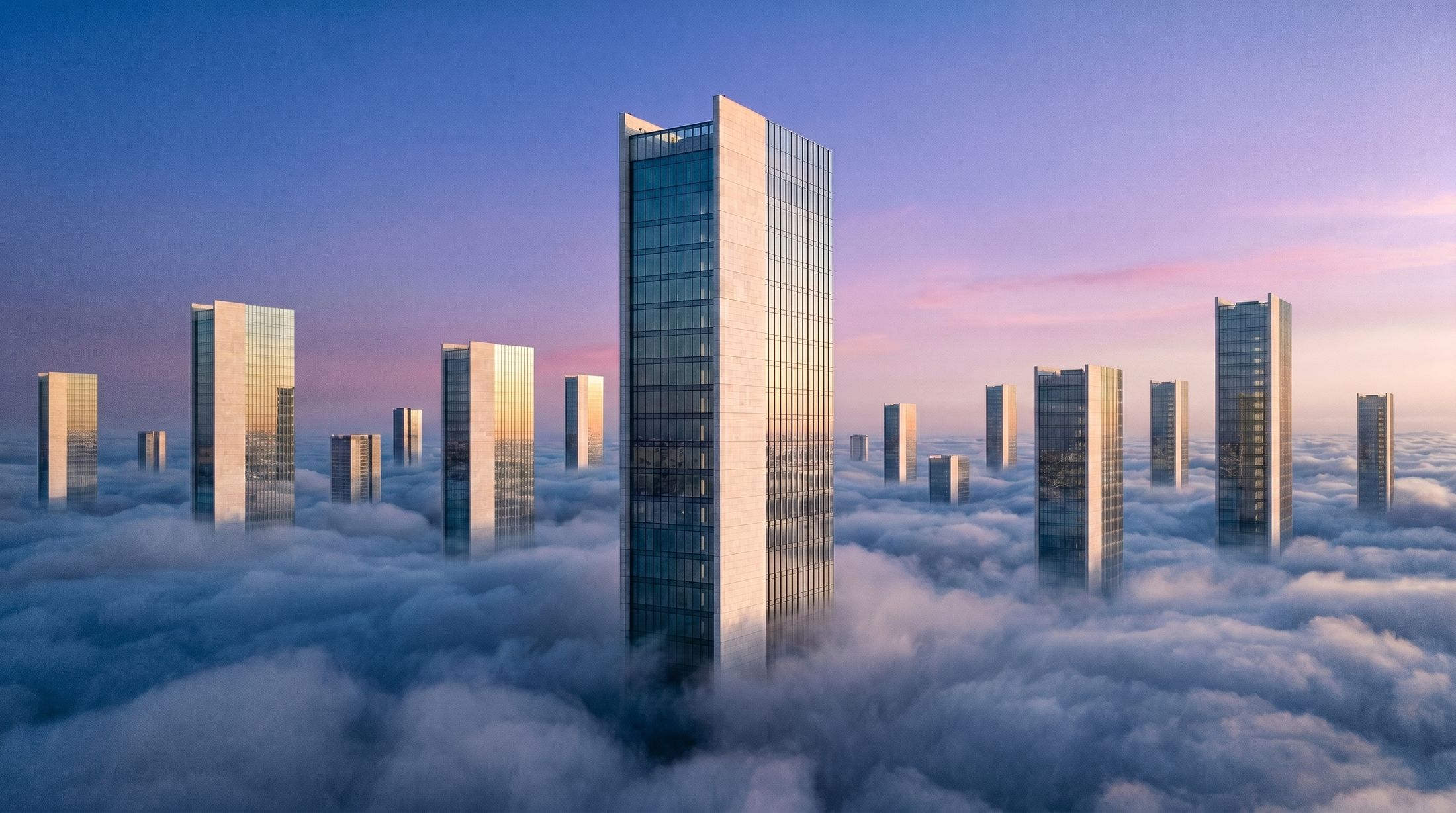 A skyline of glass towers cresting a sea of clouds at dawn