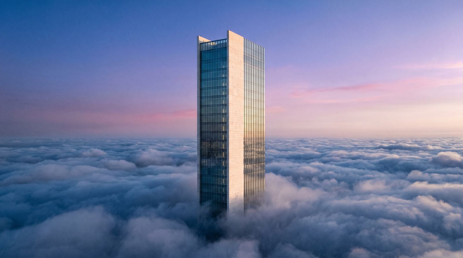 A glass tower rising through a sea of clouds at dawn